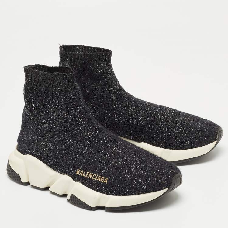 Pre Owned Balenciaga Black Glitter Knit Fabric Speed Trainer Sneakers Size 38