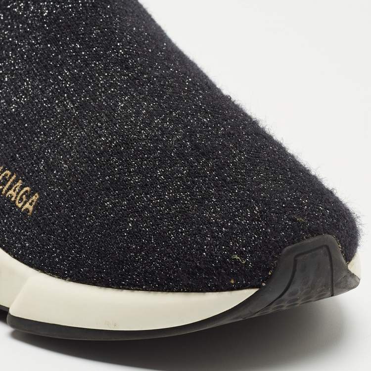 Pre Owned Balenciaga Black Glitter Knit Fabric Speed Trainer Sneakers Size 38