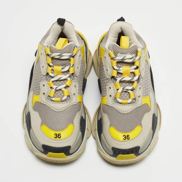 مملوكة مسبقًا Balenciaga Grey/Yellow Leather and Mesh Triple S Sneakers Size 36