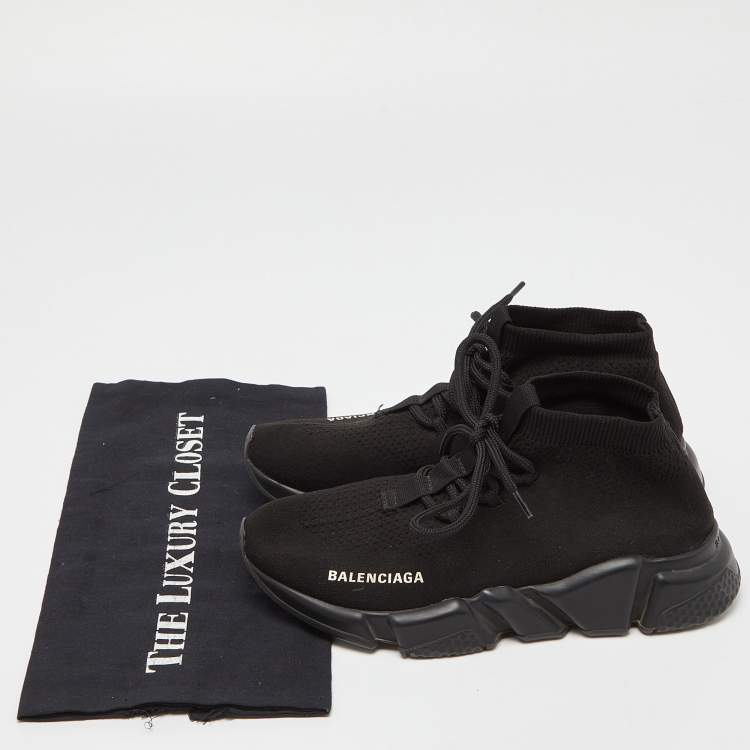 Pre Owned Balenciaga Black Knit Fabric Speed Trainer Lace Up Sneakers Size 37