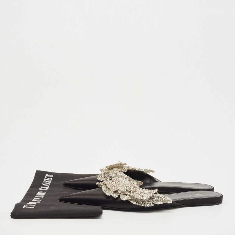Pre Owned Balenciaga Black Satin Sequins Embellished Flats Size 39