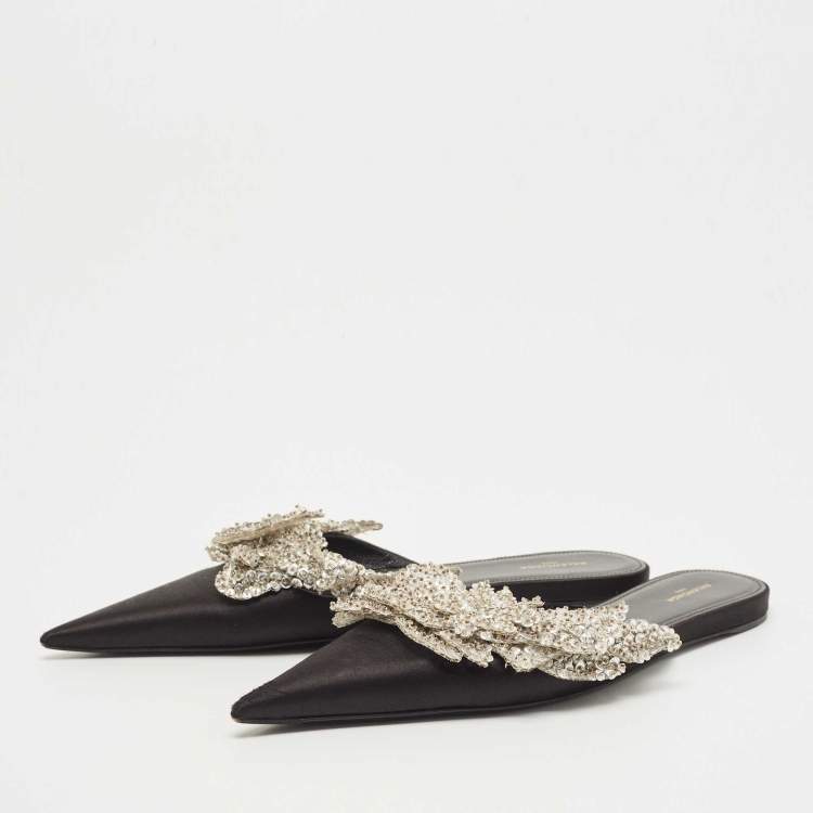 Pre Owned Balenciaga Black Satin Sequins Embellished Flats Size 39