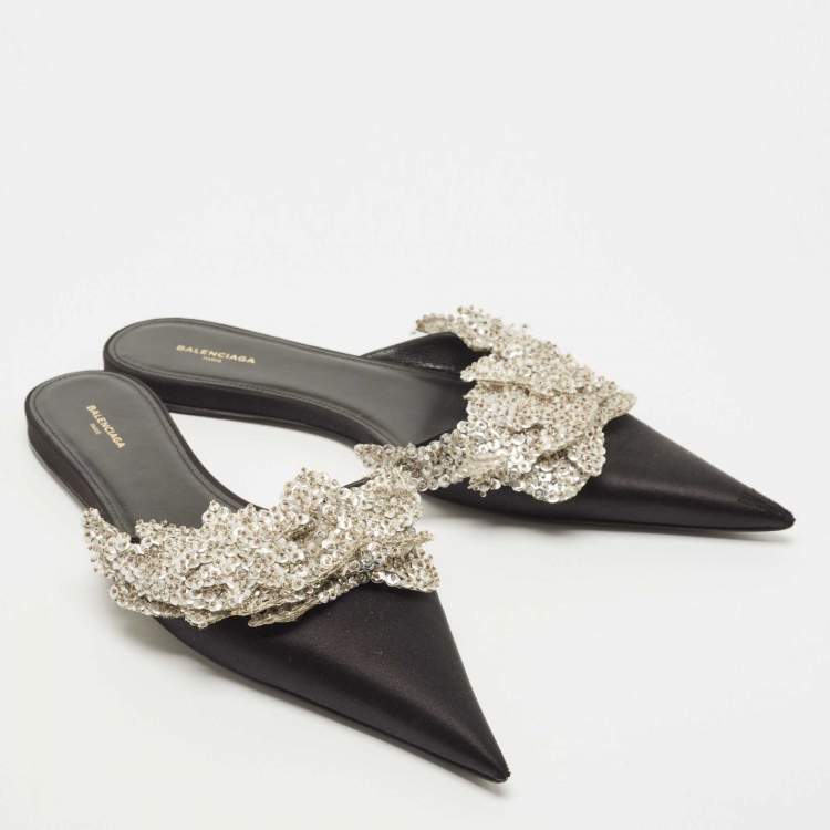 Pre Owned Balenciaga Black Satin Sequins Embellished Flats Size 39