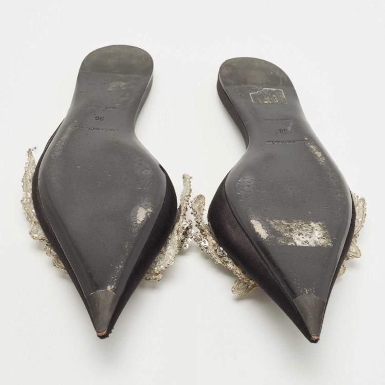 Pre Owned Balenciaga Black Satin Sequins Embellished Flats Size 39