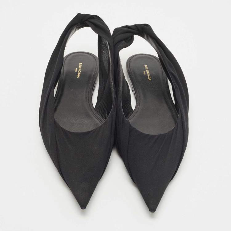 Pre Owned Balenciaga Black Fabric and Leather Knife Slingback Flat Sandals Size 40.5
