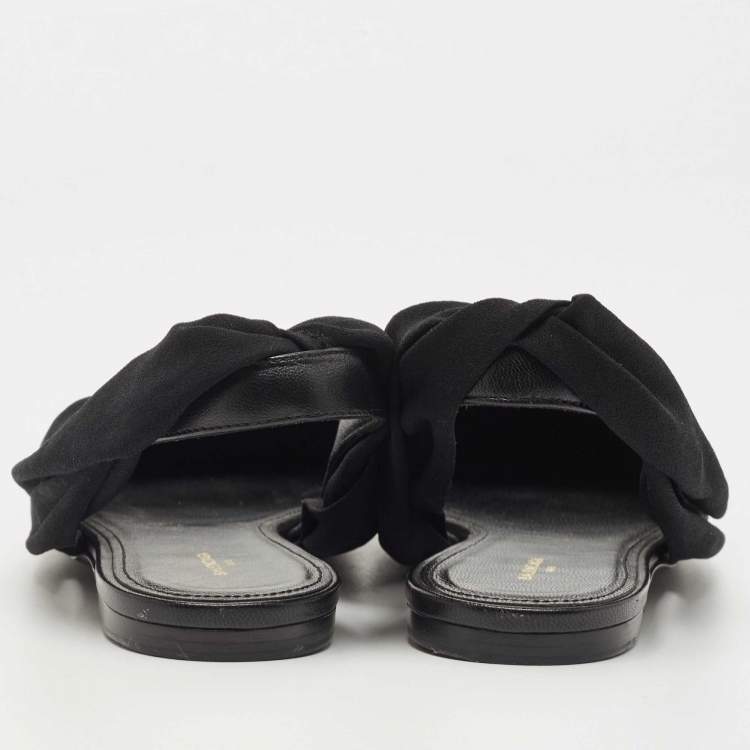 Pre Owned Balenciaga Black Fabric and Leather Knife Slingback Flat Sandals Size 40.5
