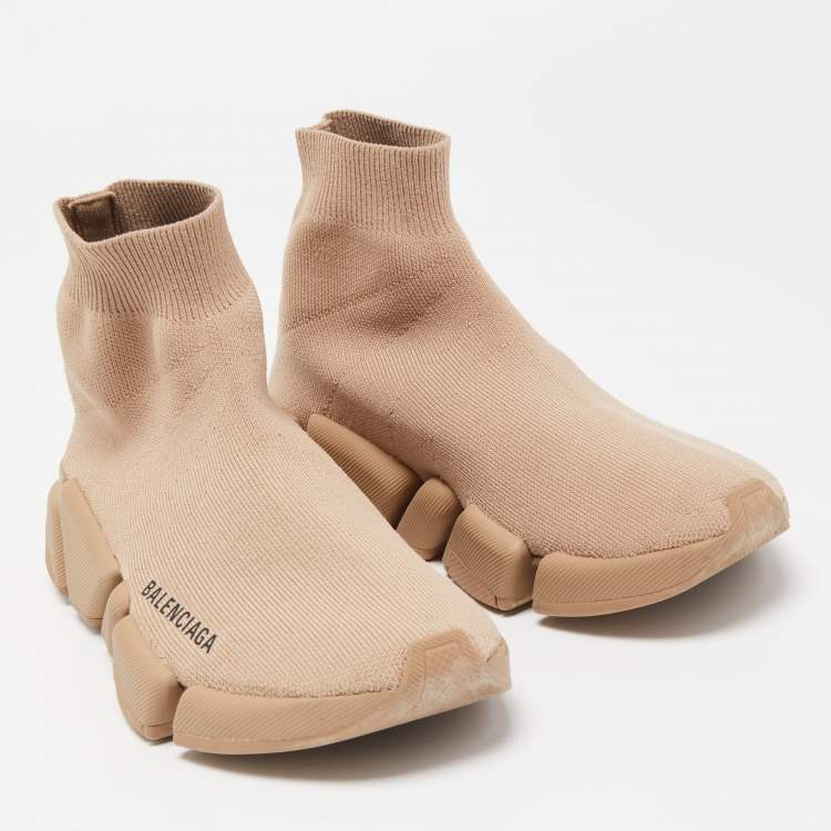 Pre Owned Balenciaga Brown  Knit Fabric Speed Sneakers Size 35