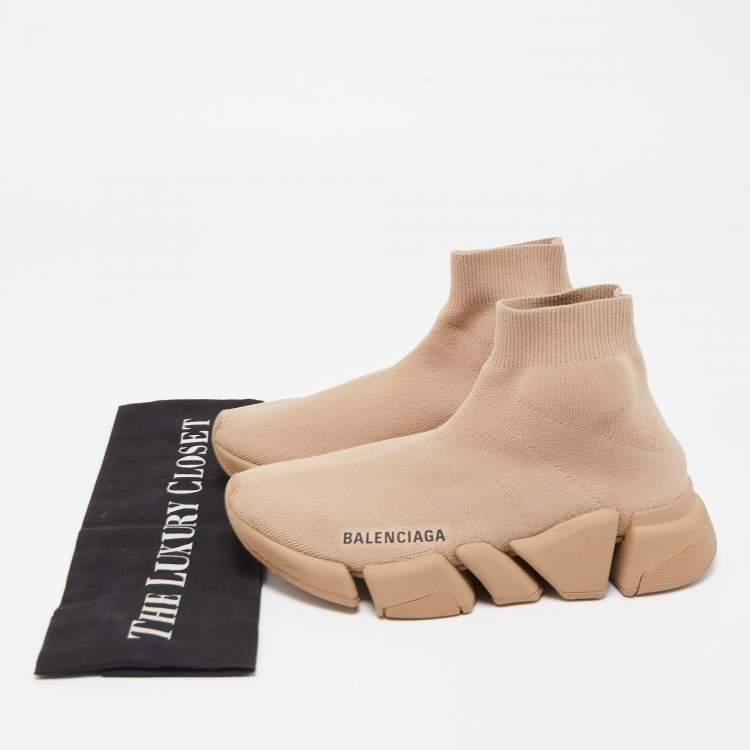 Pre Owned Balenciaga Brown  Knit Fabric Speed Sneakers Size 35