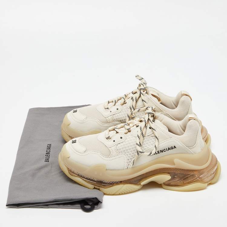 Pre Owned Balenciaga Beige Leather and Mesh Triple S Clear Sneakers Size 38