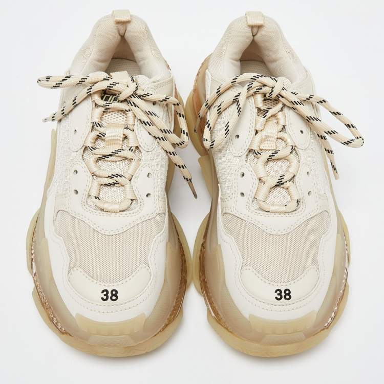 Pre Owned Balenciaga Beige Leather and Mesh Triple S Clear Sneakers Size 38