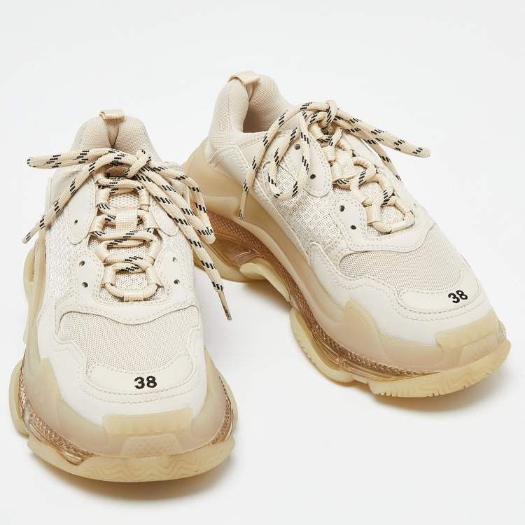 Pre Owned Balenciaga Beige Leather and Mesh Triple S Clear Sneakers Size 38