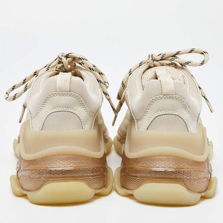 Pre Owned Balenciaga Beige Leather and Mesh Triple S Clear Sneakers Size 38