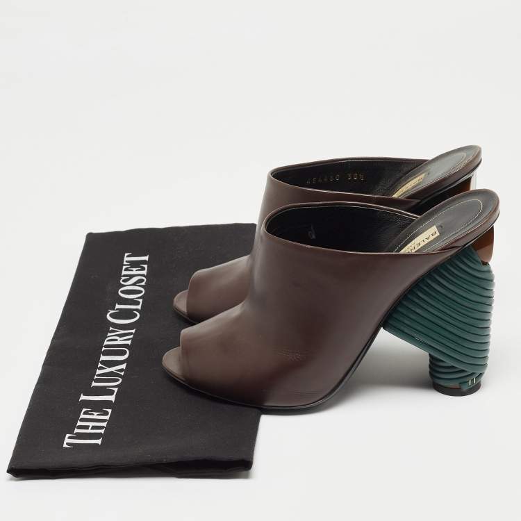 Pre Owned Balenciaga Brown Leather Peep Toe Mules Size 38.5