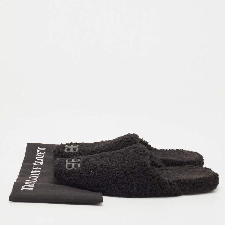 Pre Owned Balenciaga Black Shearling Fur BB Flat Mules Size 39