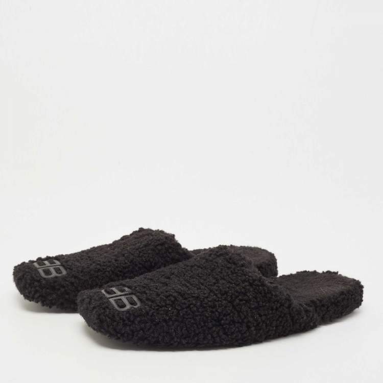 Pre Owned Balenciaga Black Shearling Fur BB Flat Mules Size 39