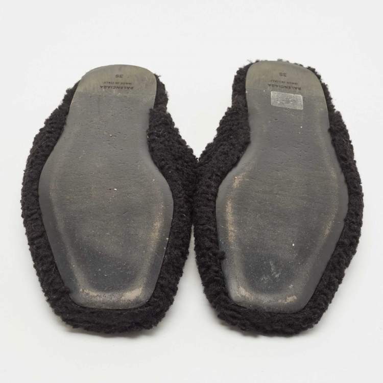 Pre Owned Balenciaga Black Shearling Fur BB Flat Mules Size 39