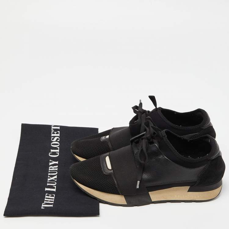 Pre Owned Balenciaga Black Leather, Mesh and Suede Race Runner Sneakers Size 39
