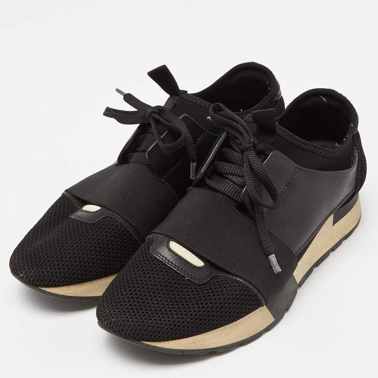 Pre Owned Balenciaga Black Leather, Mesh and Suede Race Runner Sneakers Size 39