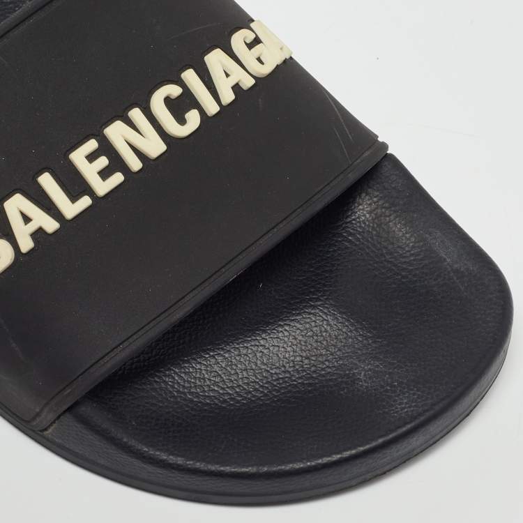 Pre Owned Balenciaga Black Rubber Logo Embossed Flat Slides Size 39