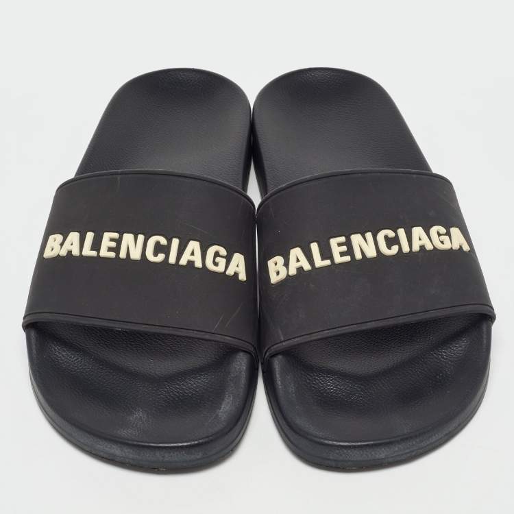 Pre Owned Balenciaga Black Rubber Logo Embossed Flat Slides Size 39