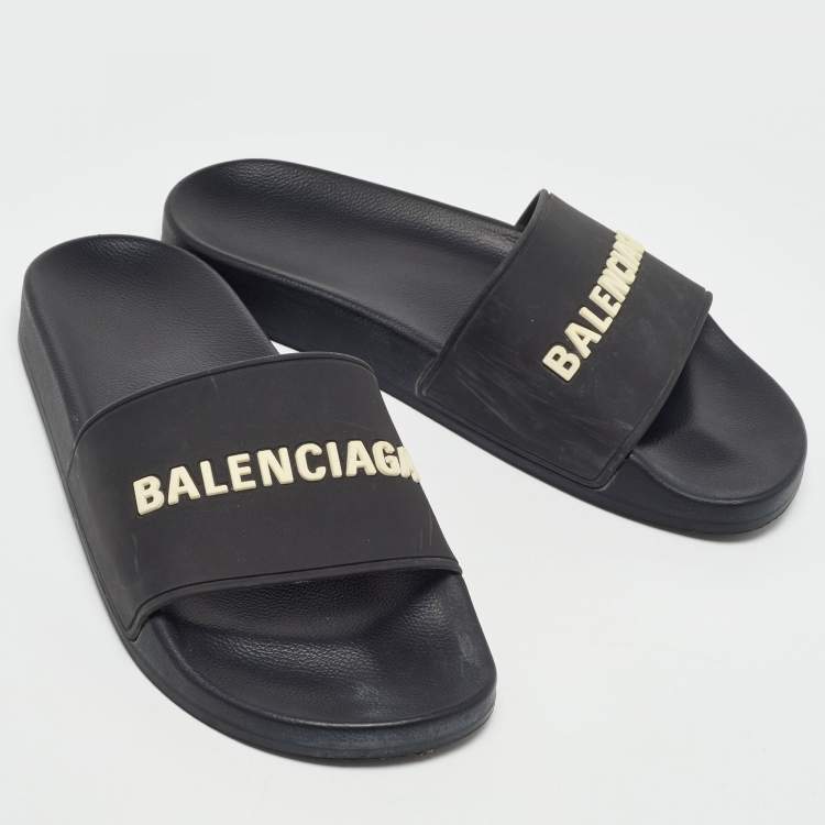 Pre Owned Balenciaga Black Rubber Logo Embossed Flat Slides Size 39