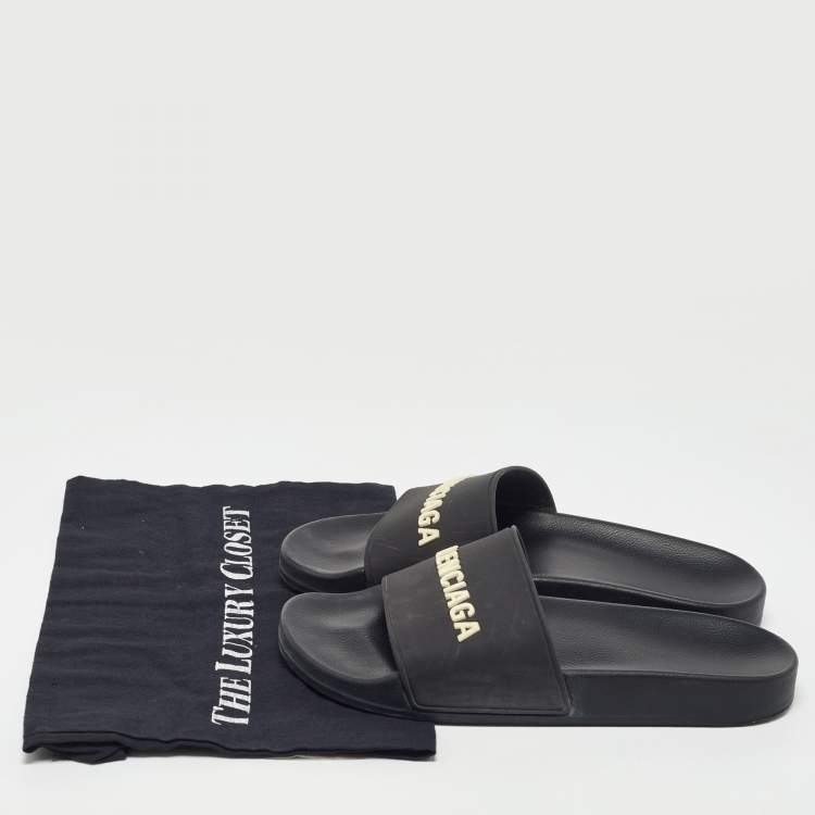 Pre Owned Balenciaga Black Rubber Logo Embossed Flat Slides Size 39