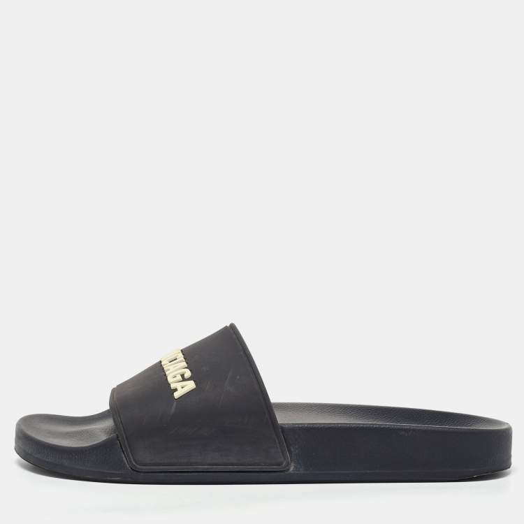 Pre Owned Balenciaga Black Rubber Logo Embossed Flat Slides Size 39