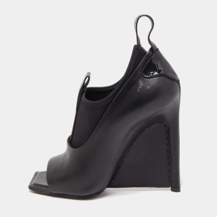 Pre Owned Balenciaga Black Leather Wedge Open Toe Pumps Size 36.5