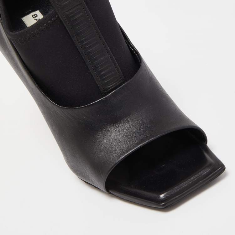 Pre Owned Balenciaga Black Leather Wedge Open Toe Pumps Size 36.5