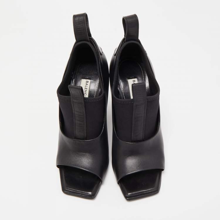 Pre Owned Balenciaga Black Leather Wedge Open Toe Pumps Size 36.5