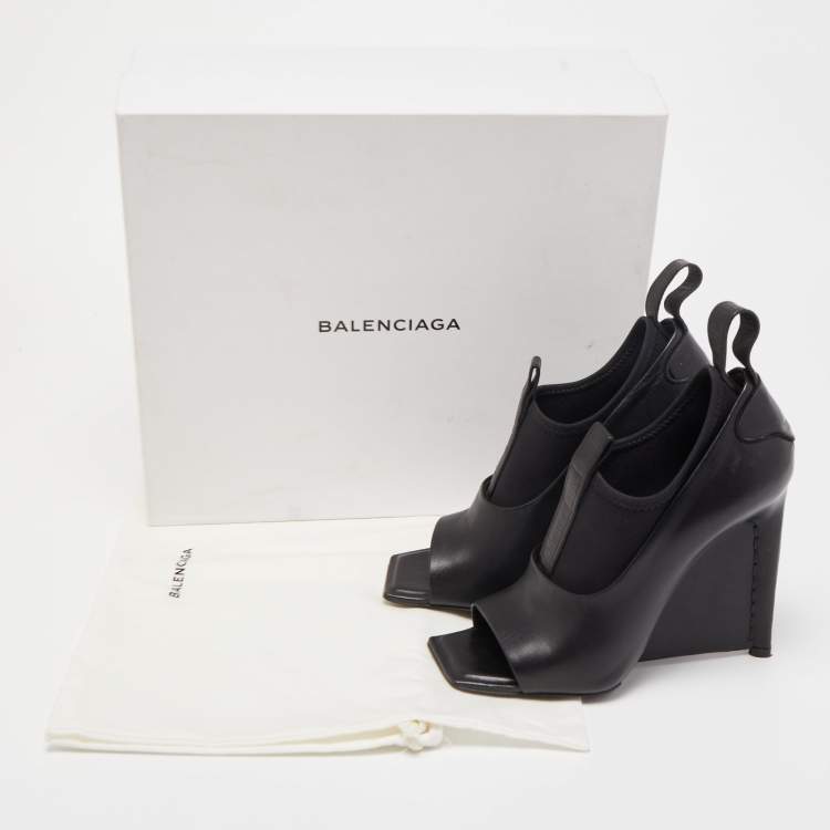 Pre Owned Balenciaga Black Leather Wedge Open Toe Pumps Size 36.5