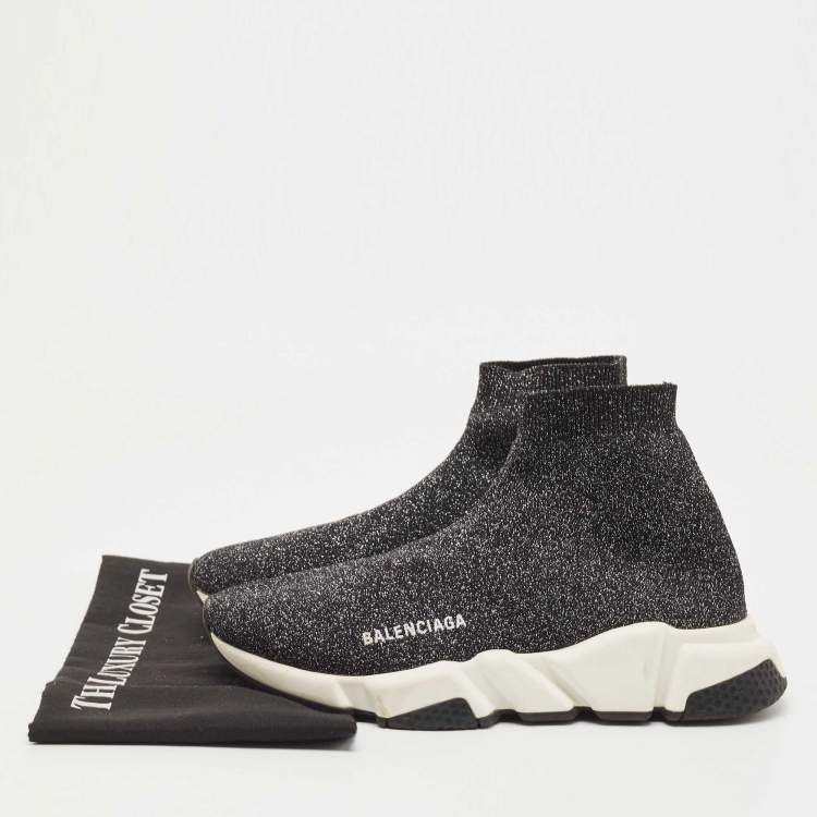 مملوكة مسبقًا Balenciaga Silver/Black Knit Fabric Speed Trainer High Top Sneakers Size 39