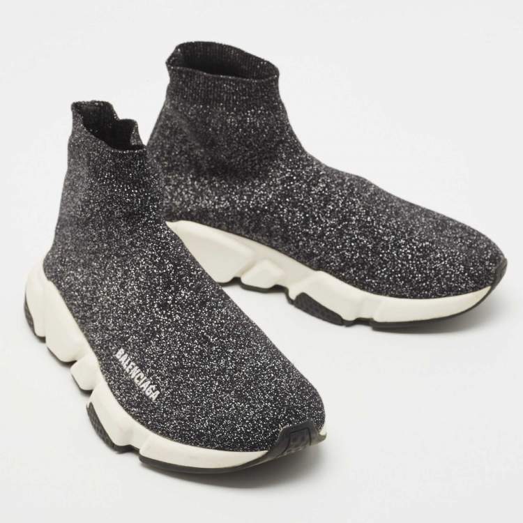 مملوكة مسبقًا Balenciaga Silver/Black Knit Fabric Speed Trainer High Top Sneakers Size 39