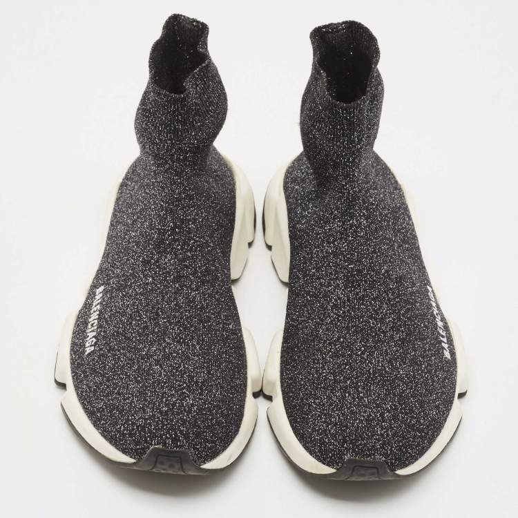 مملوكة مسبقًا Balenciaga Silver/Black Knit Fabric Speed Trainer High Top Sneakers Size 39