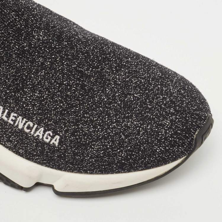 مملوكة مسبقًا Balenciaga Silver/Black Knit Fabric Speed Trainer High Top Sneakers Size 39