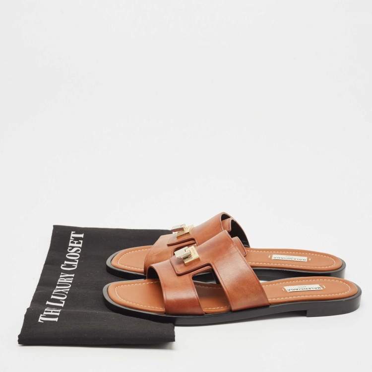Pre Owned Balenciaga Brown Leather Flat Slides Size 40.5 