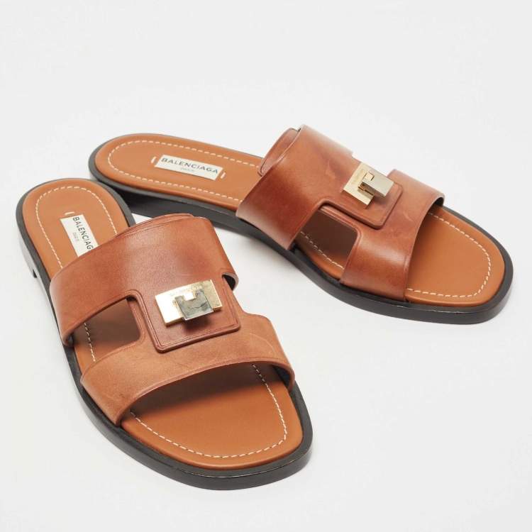 Pre Owned Balenciaga Brown Leather Flat Slides Size 40.5 