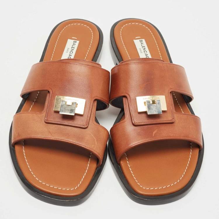 Pre Owned Balenciaga Brown Leather Flat Slides Size 40.5 