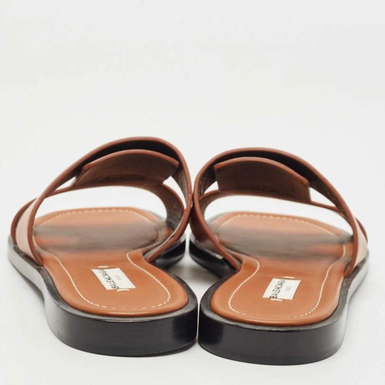 Pre Owned Balenciaga Brown Leather Flat Slides Size 40.5 