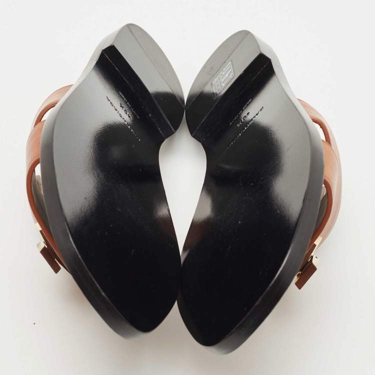 Pre Owned Balenciaga Brown Leather Flat Slides Size 40.5 