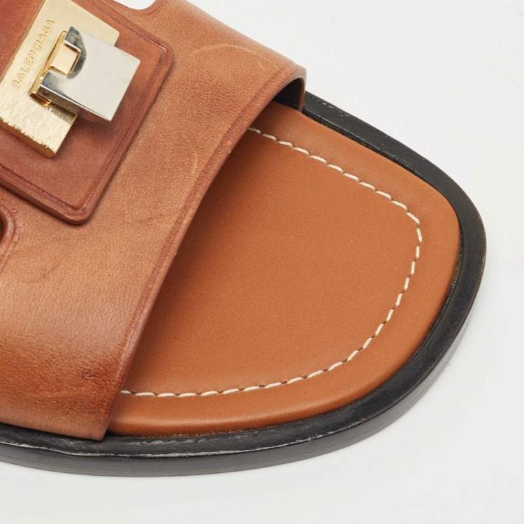 Pre Owned Balenciaga Brown Leather Flat Slides Size 40.5 