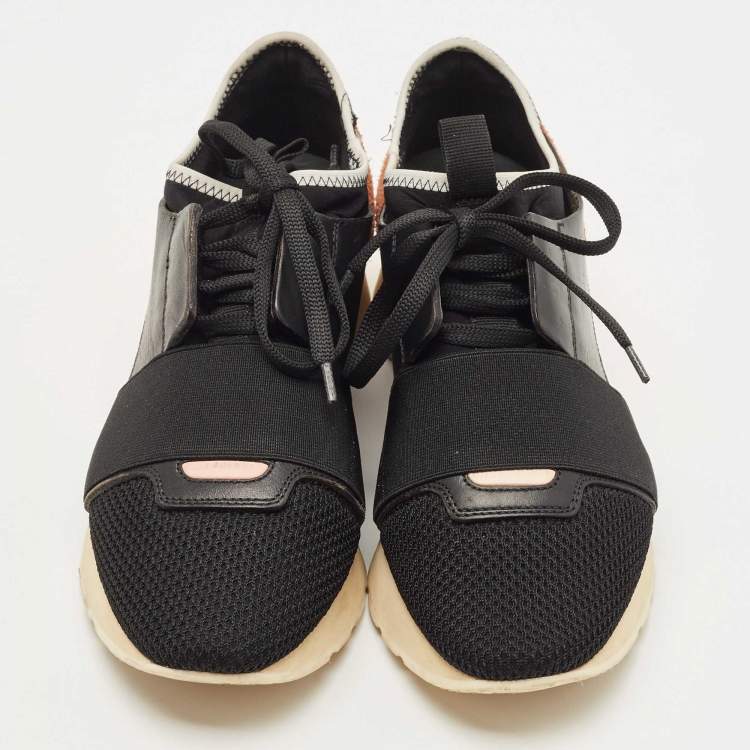 مملوكة مسبقًا Balenciaga Black/Yellow Leather and Mesh Race Runner Sneakers Size 37