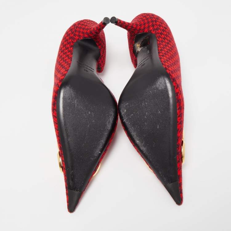 Pre Owned Balenciaga Red/Black Houndstooth Tweed BB Pointy Pumps Size 39