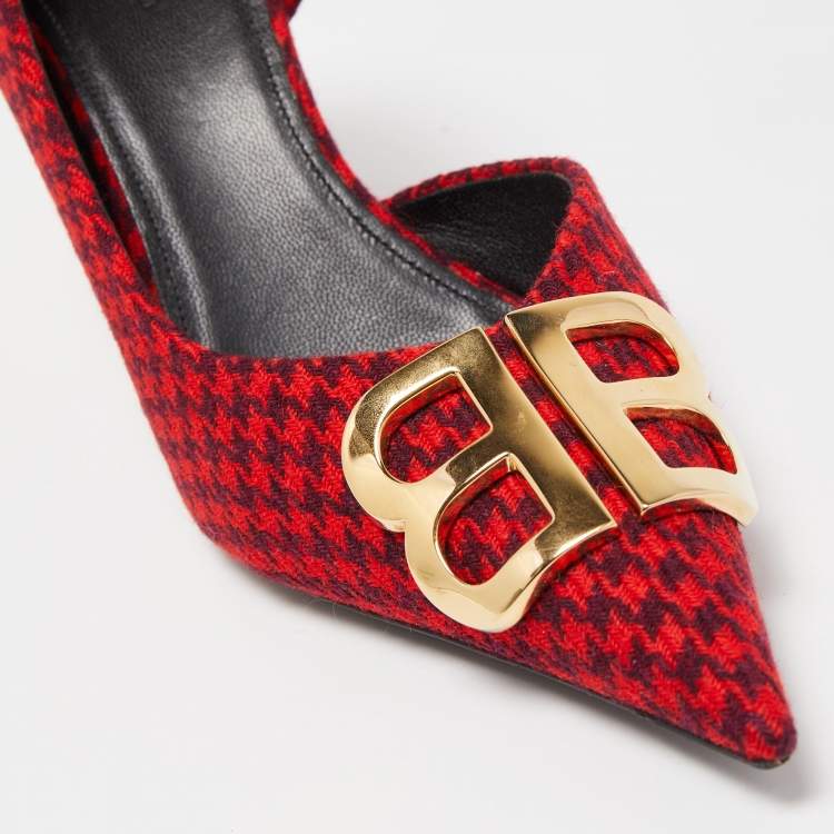 Pre Owned Balenciaga Red/Black Houndstooth Tweed BB Pointy Pumps Size 39