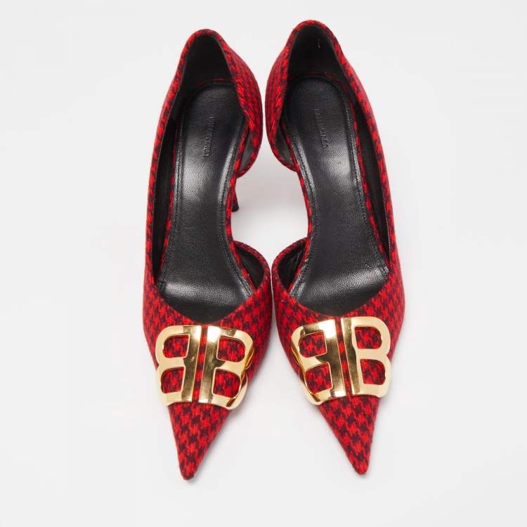 Pre Owned Balenciaga Red/Black Houndstooth Tweed BB Pointy Pumps Size 39