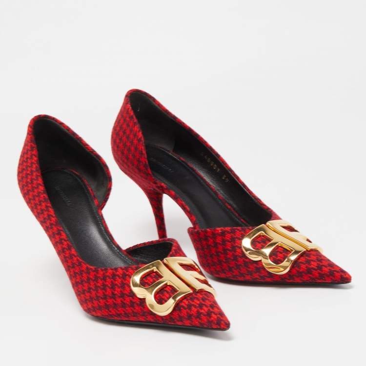 Pre Owned Balenciaga Red/Black Houndstooth Tweed BB Pointy Pumps Size 39
