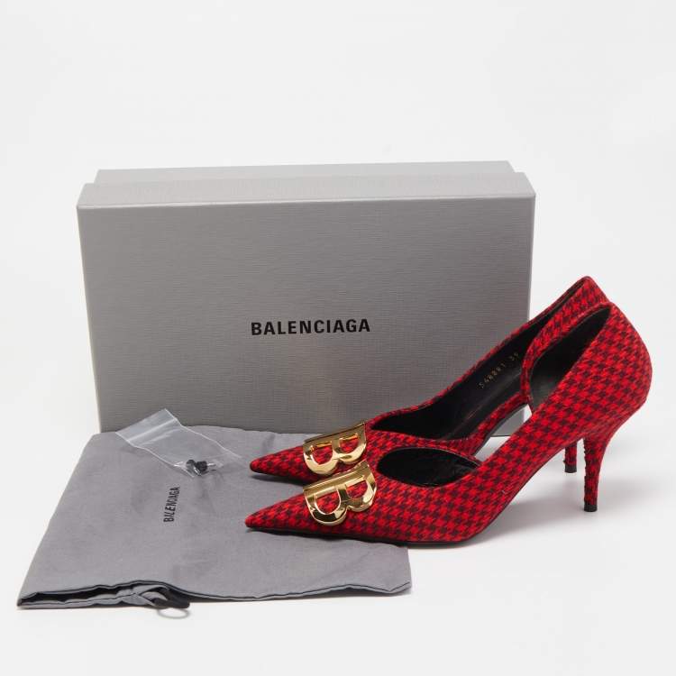 Pre Owned Balenciaga Red/Black Houndstooth Tweed BB Pointy Pumps Size 39