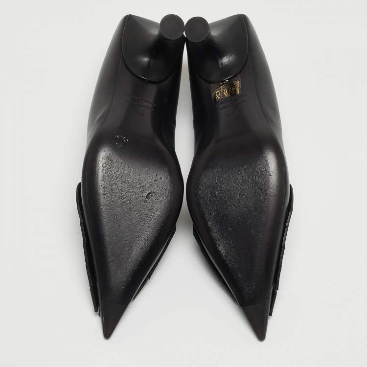 Pre Owned Balenciaga Black Leather Knife Fringe Detail Pointed Toe Pumps Size 38.5