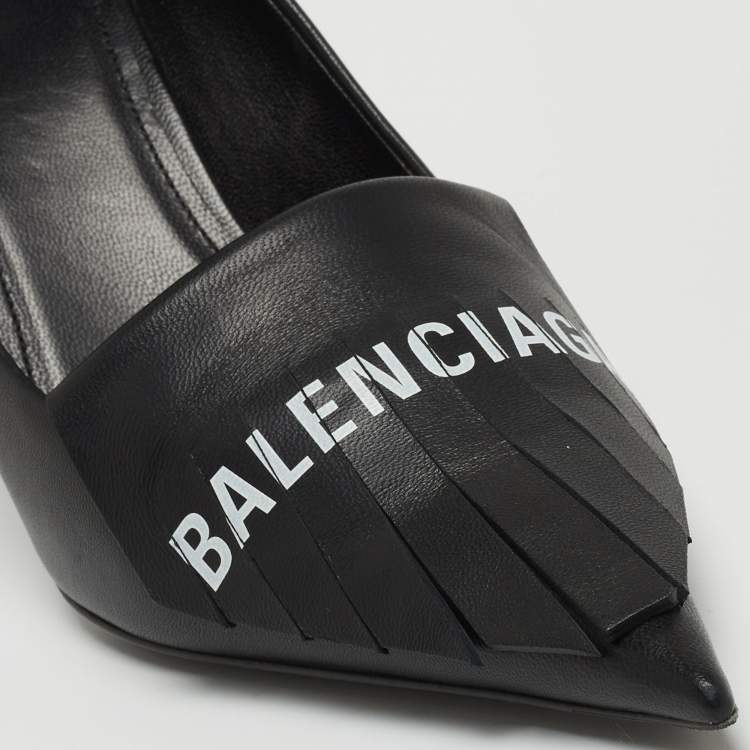 Pre Owned Balenciaga Black Leather Knife Fringe Detail Pointed Toe Pumps Size 38.5