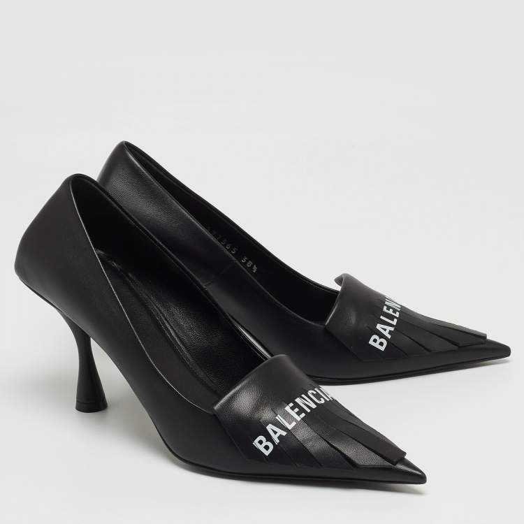 Pre Owned Balenciaga Black Leather Knife Fringe Detail Pointed Toe Pumps Size 38.5
